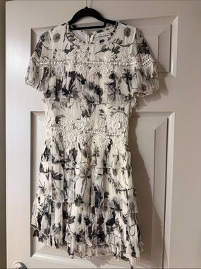 Alice + Olivia Ivory and Black Floral Ruffle Mini Dress